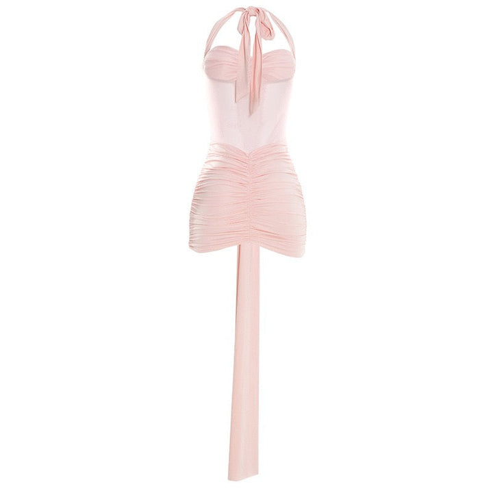 Mini dress with ruching design and tie mesh at the back - LIRIAN