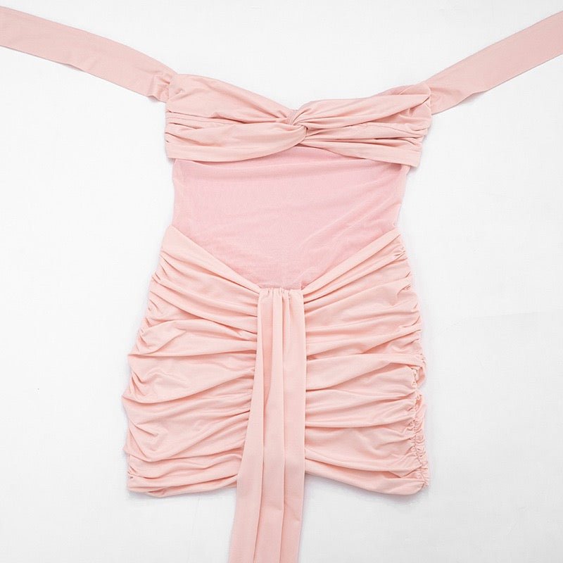 Mini dress with ruching design and tie mesh at the back - LIRIAN
