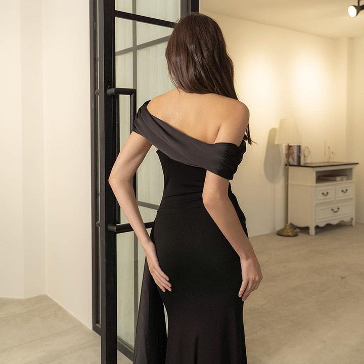 Elegant maxi dress with one-shoulder design and satin decoration - Floren