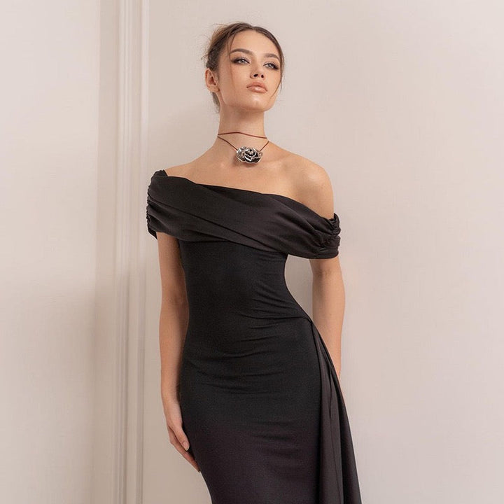 Elegant maxi dress with one-shoulder design and satin decoration - Floren