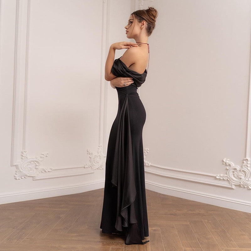 Elegant maxi dress with one-shoulder design and satin decoration - Floren