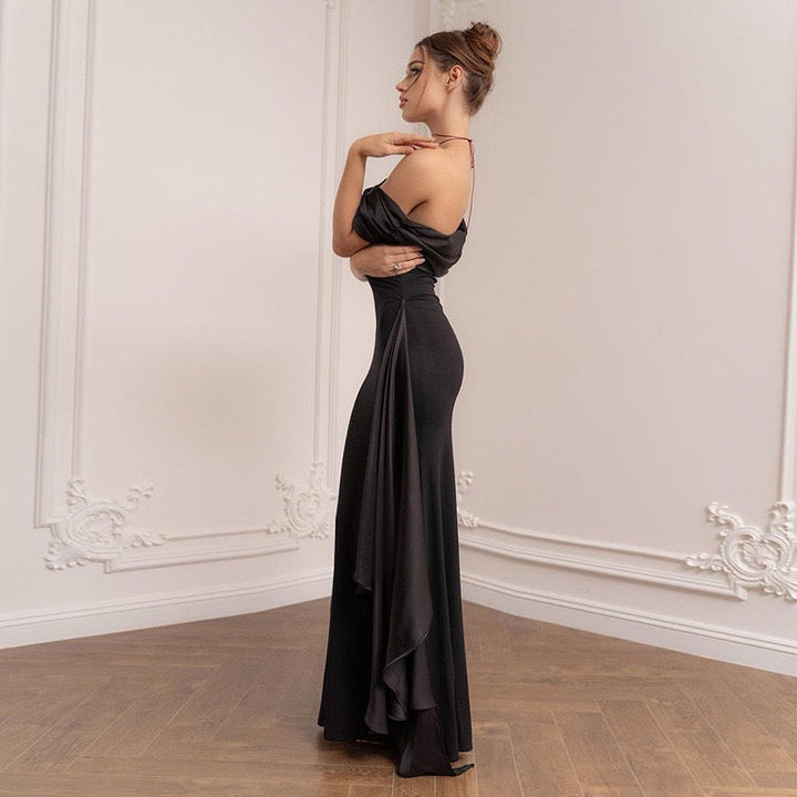 Elegant maxi dress with one-shoulder design and satin decoration - Floren