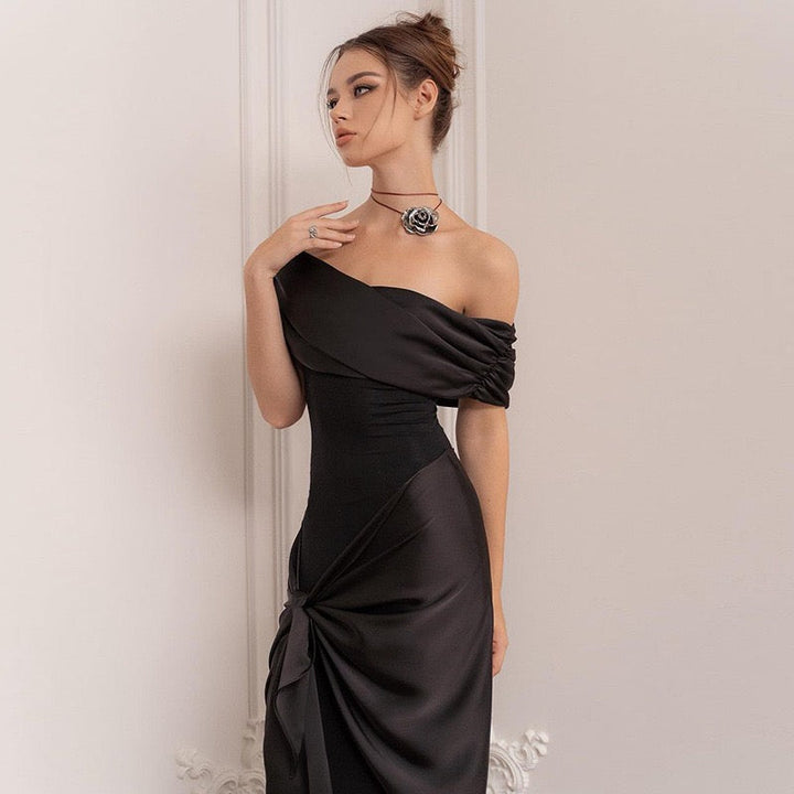 Elegant maxi dress with one-shoulder design and satin decoration - Floren