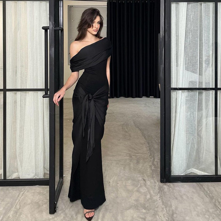 Elegant maxi dress with one-shoulder design and satin decoration - Floren