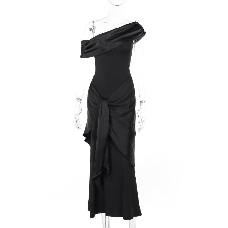 Elegant maxi dress with one-shoulder design and satin decoration - Floren
