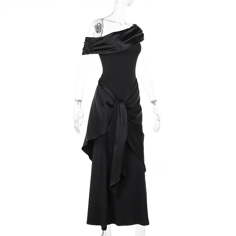 Elegant maxi dress with one-shoulder design and satin decoration - Floren