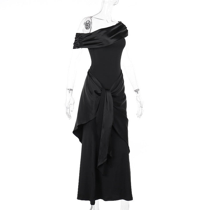 Elegant maxi dress with one-shoulder design and satin decoration - Floren