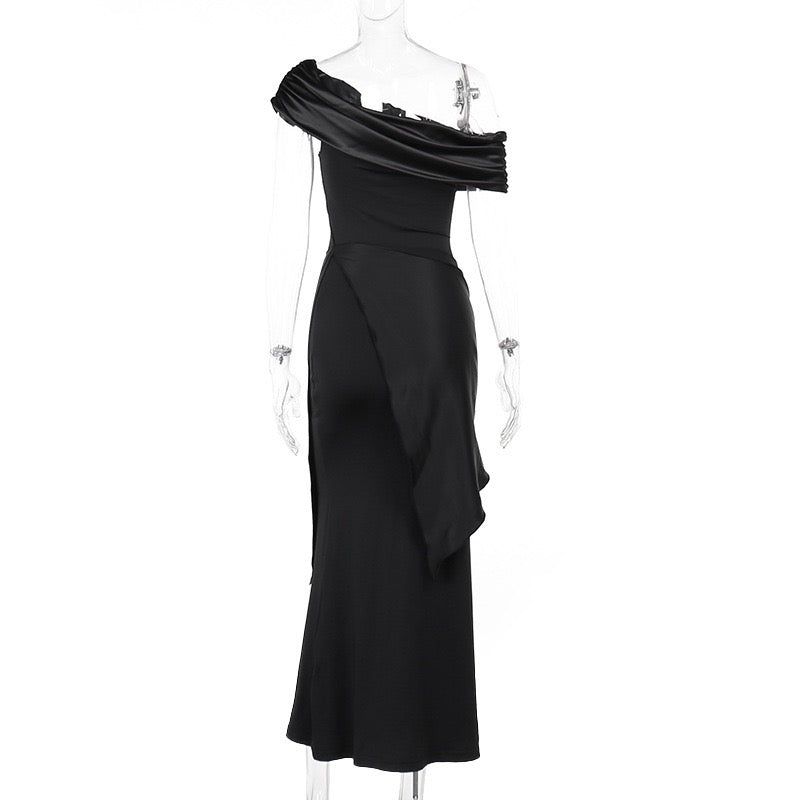 Elegant maxi dress with one-shoulder design and satin decoration - Floren