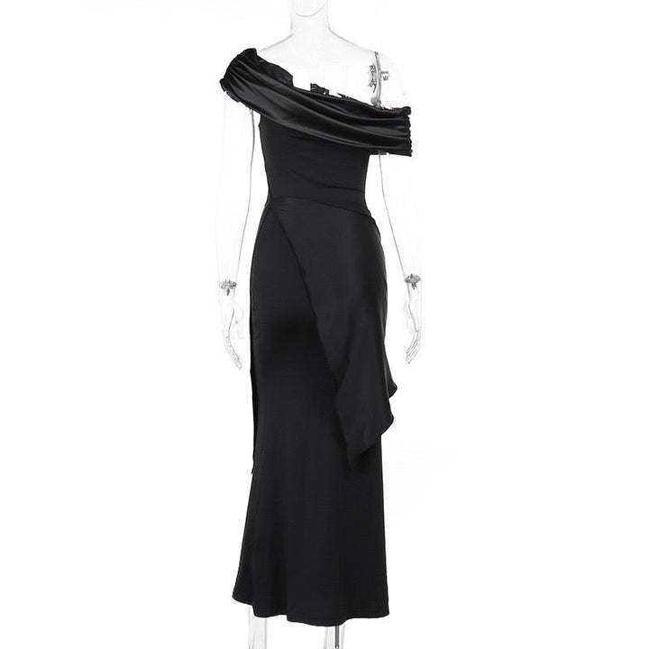 Elegant maxi dress with one-shoulder design and satin decoration - Floren
