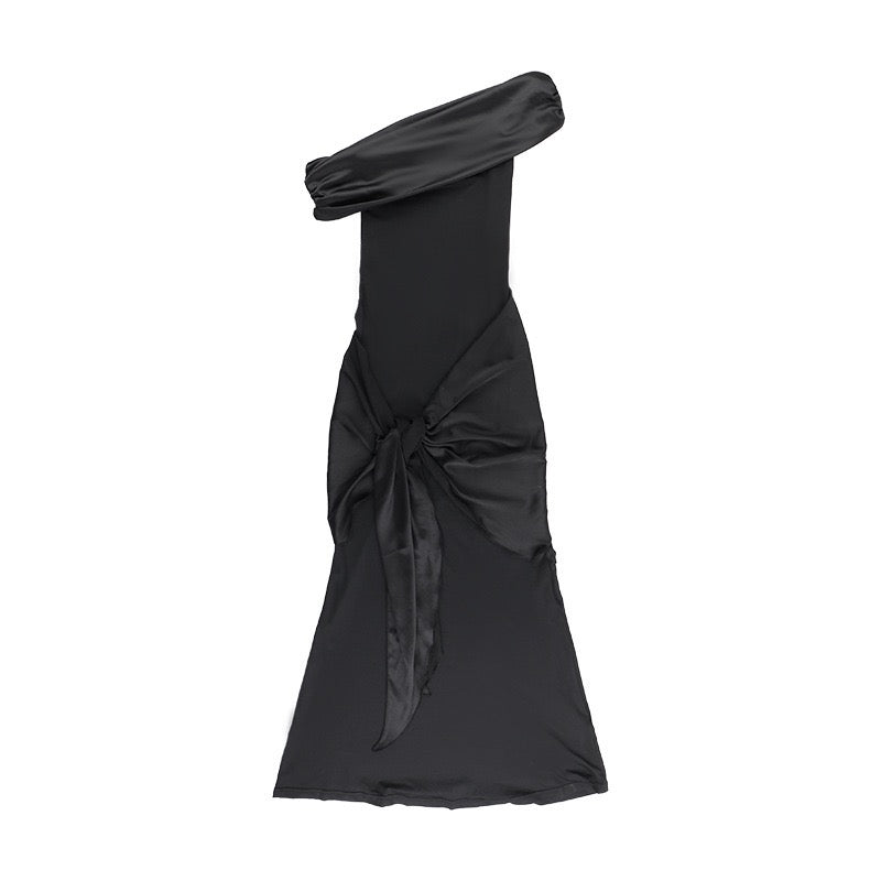 Elegant maxi dress with one-shoulder design and satin decoration - Floren