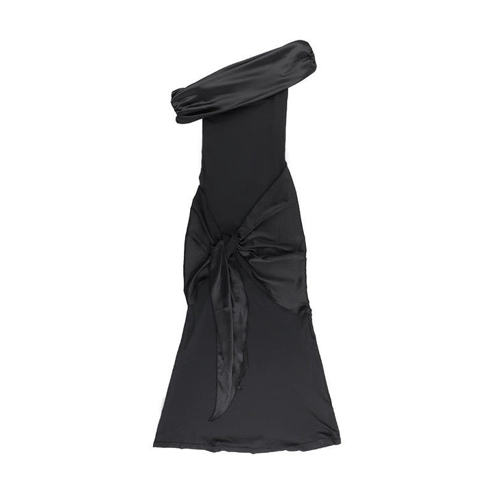 Elegant maxi dress with one-shoulder design and satin decoration - Floren