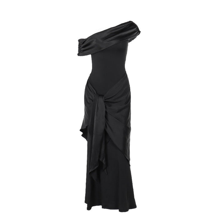 Elegant maxi dress with one-shoulder design and satin decoration - Floren