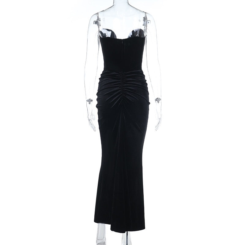 Velvet maxi strapless dress with ruching design - CORAL