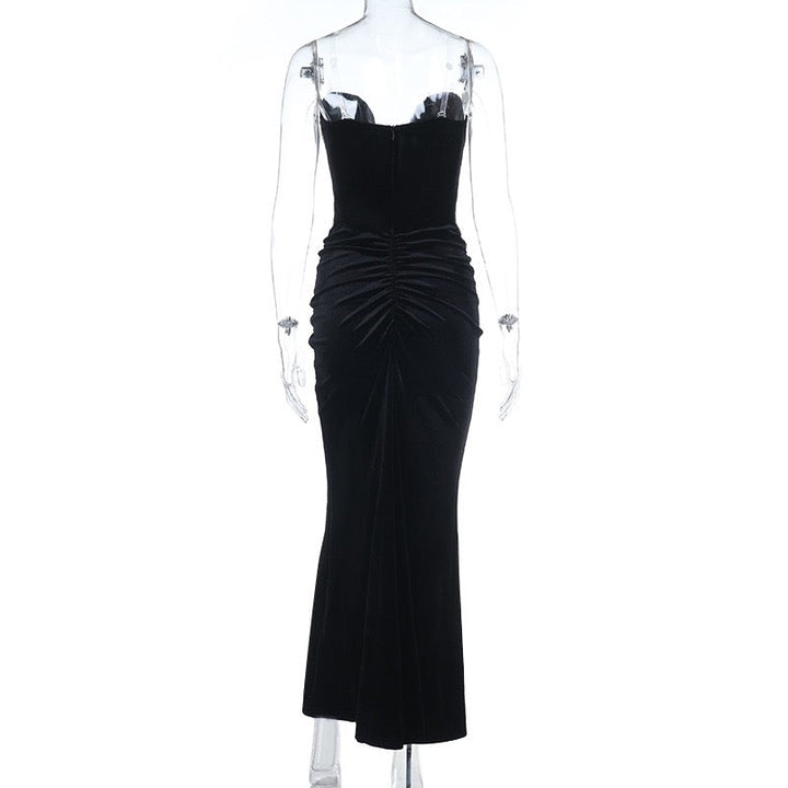 Velvet maxi strapless dress with ruching design - CORAL