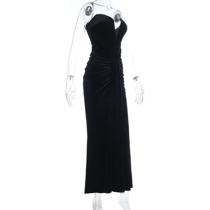 Velvet maxi strapless dress with ruching design - CORAL