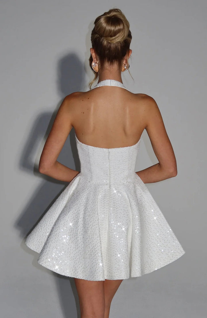 Mini sequin dress with tie at the back and open back, bow design - PIA