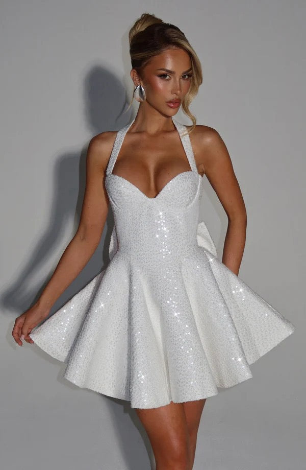 Mini sequin dress with tie at the back and open back, bow design - PIA