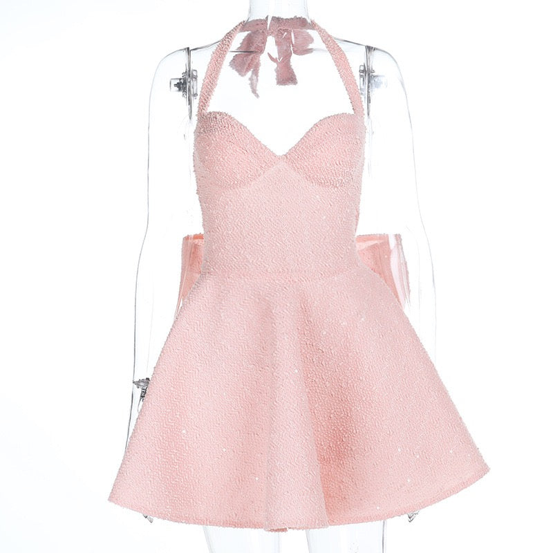 Mini sequin dress with tie at the back and open back, bow design - PIA
