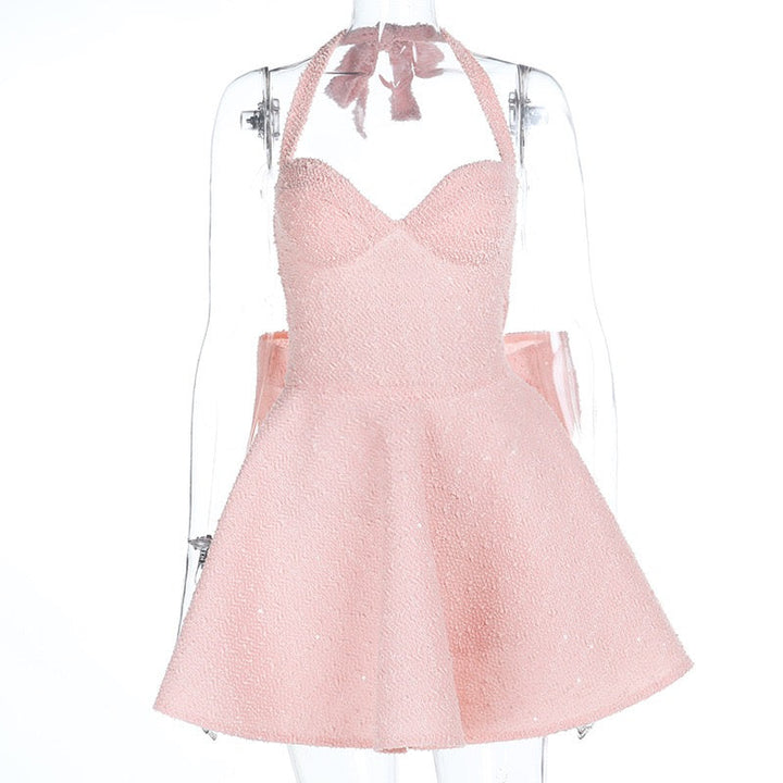 Mini sequin dress with tie at the back and open back, bow design - PIA