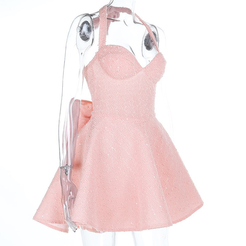 Mini sequin dress with tie at the back and open back, bow design - PIA
