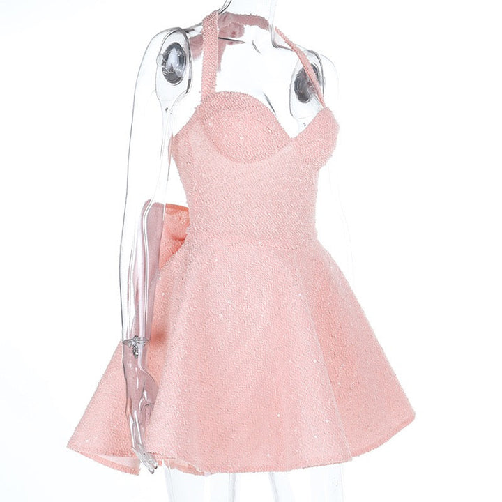 Mini sequin dress with tie at the back and open back, bow design - PIA
