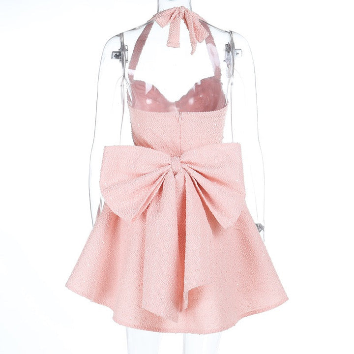 Mini sequin dress with tie at the back and open back, bow design - PIA