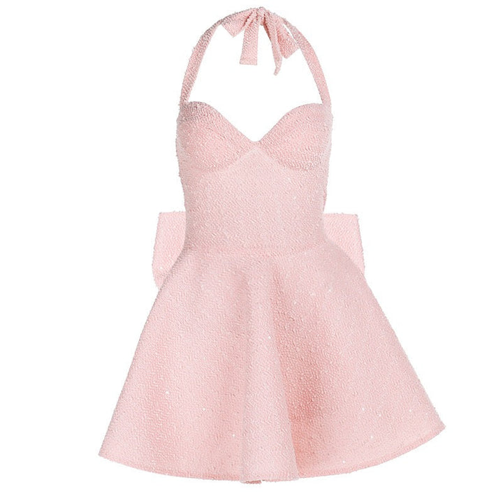 Mini sequin dress with tie at the back and open back, bow design - PIA