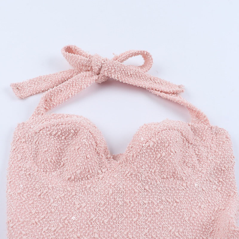 Mini sequin dress with tie at the back and open back, bow design - PIA