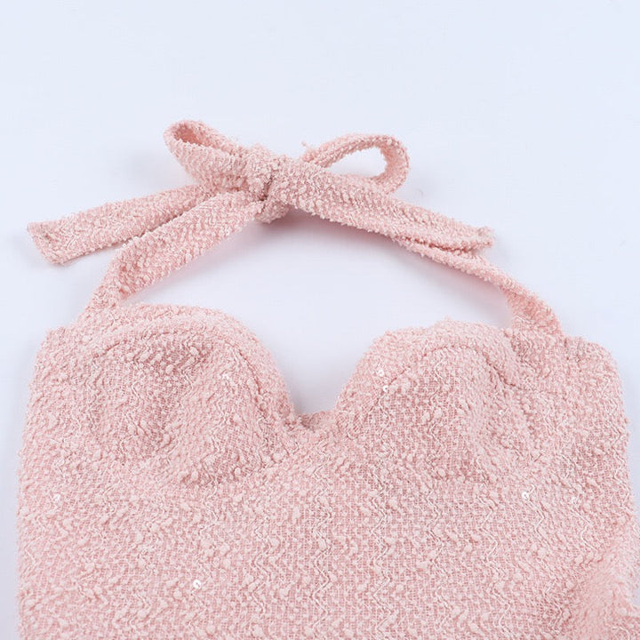 Mini sequin dress with tie at the back and open back, bow design - PIA