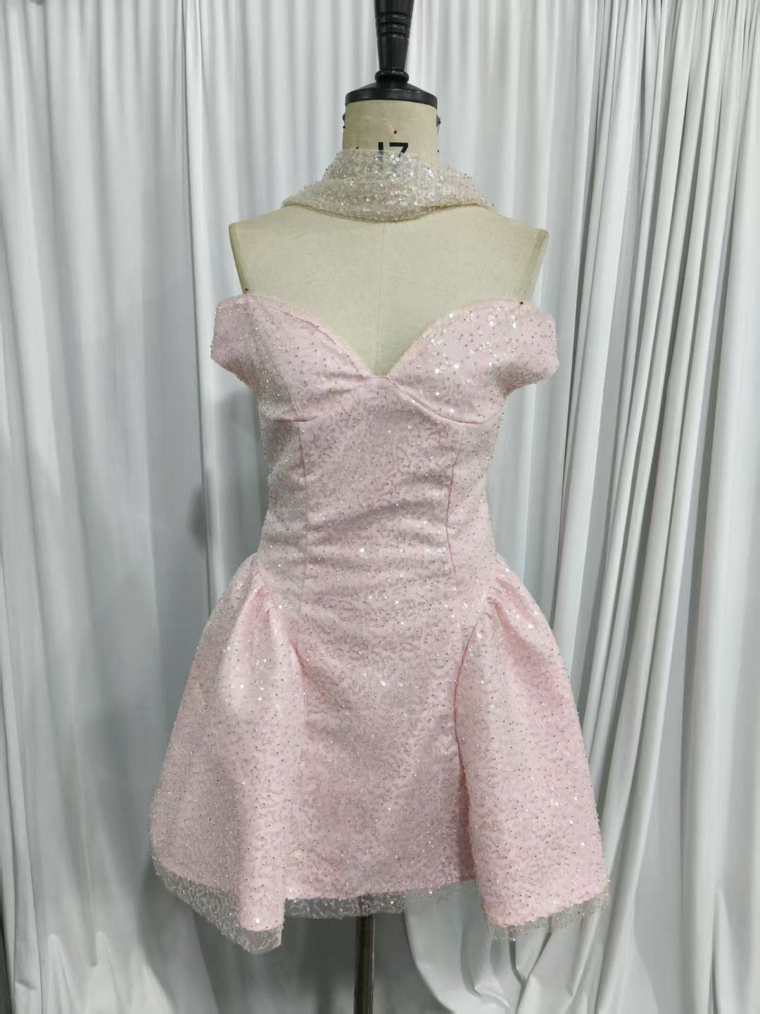 A-line mini sequin dress decorated with a scarf - MIMI