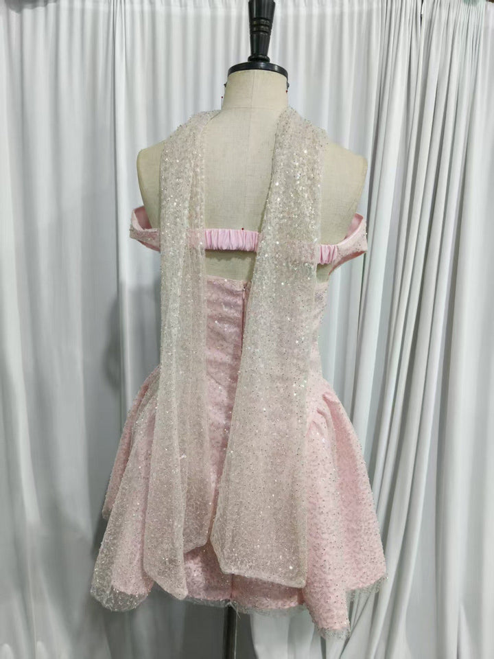 A-line mini sequin dress decorated with a scarf - MIMI