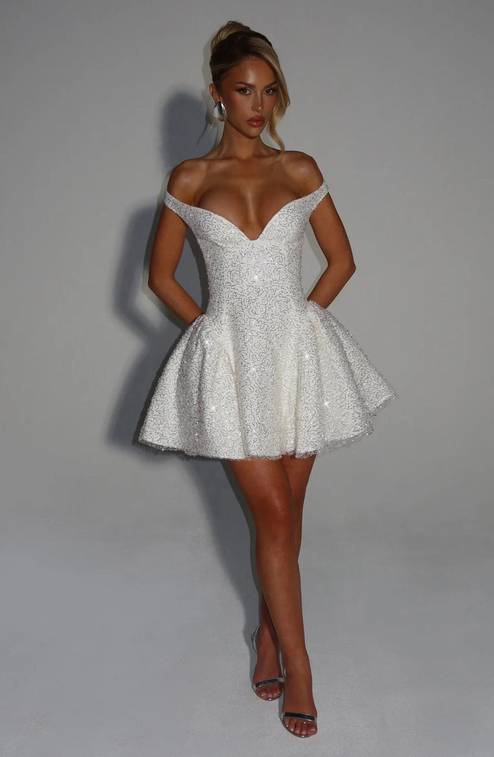 A-line mini sequin dress decorated with a scarf - MIMI