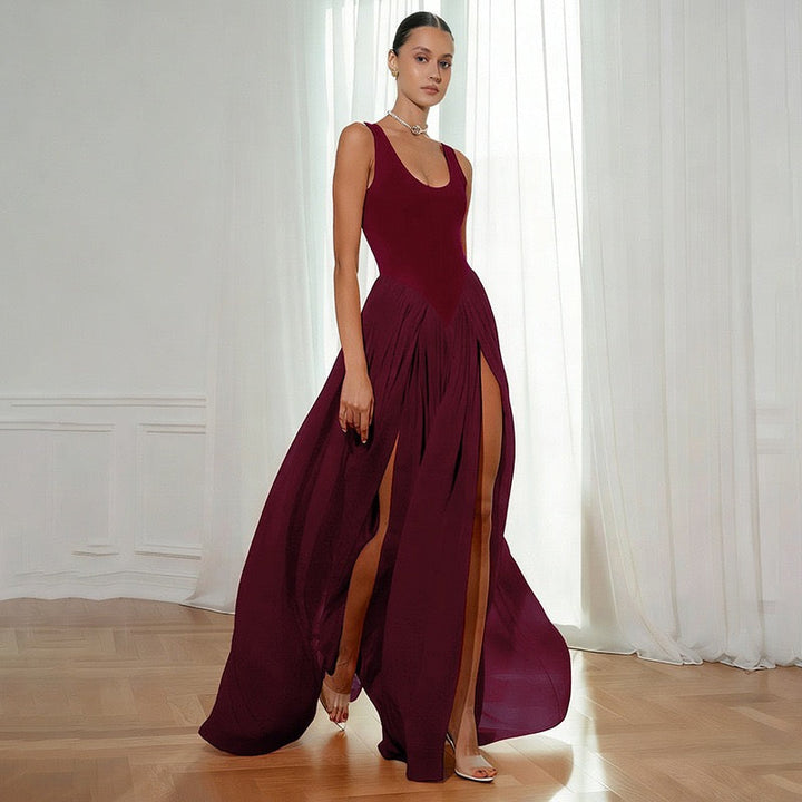 Maxi chiffon dress with bodysuit design and deep slits - JULIAN