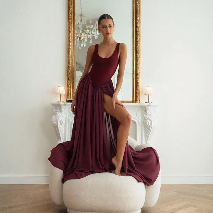 Maxi chiffon dress with bodysuit design and deep slits - JULIAN