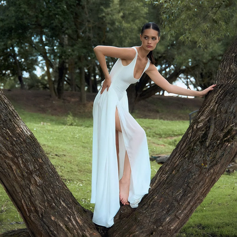 Maxi chiffon dress with bodysuit design and deep slits - JULIAN