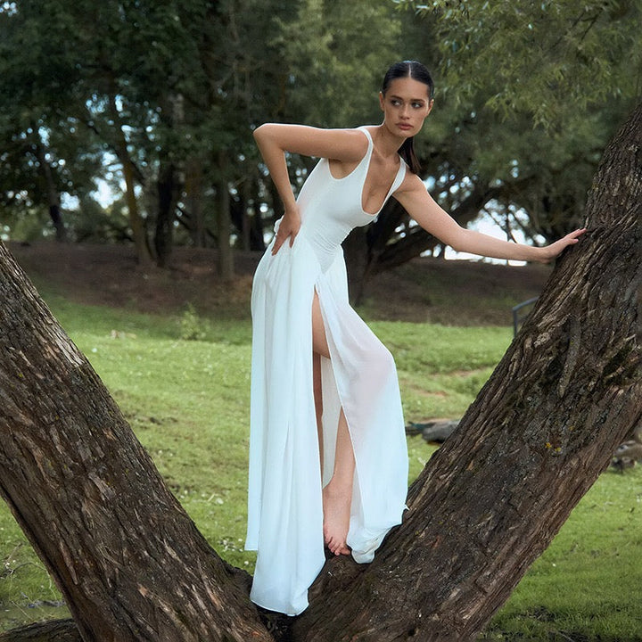 Maxi chiffon dress with bodysuit design and deep slits - JULIAN