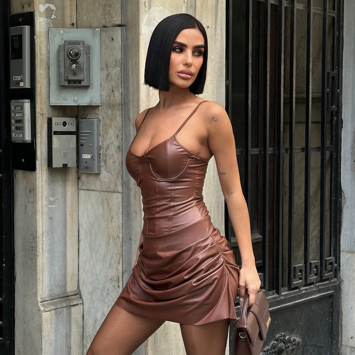 Mini faux leather dress with ruching and pleats - RAYN