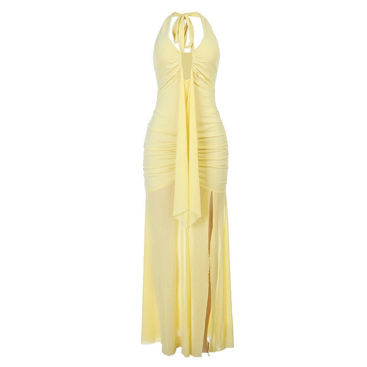 Chiffon maxi dress with ruching, neck ties, open back, and a slit – Tanir