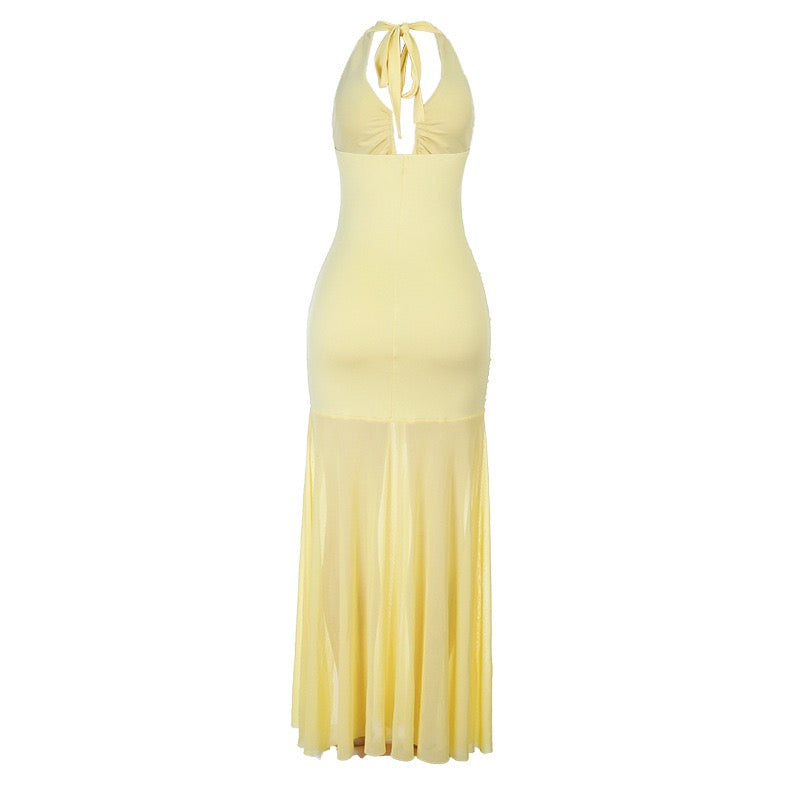 Chiffon maxi dress with ruching, neck ties, open back, and a slit – Tanir