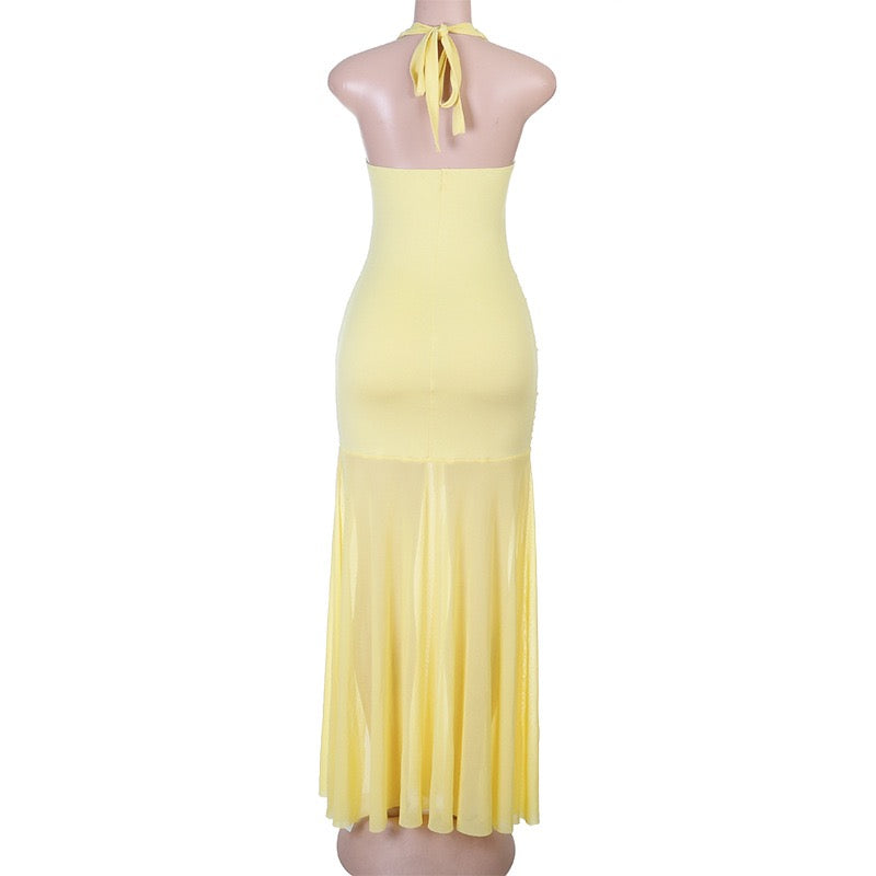 Chiffon maxi dress with ruching, neck ties, open back, and a slit – Tanir