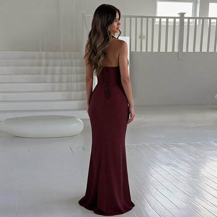 MARINA maxi dress with a ruched bust, neck closure, and open back