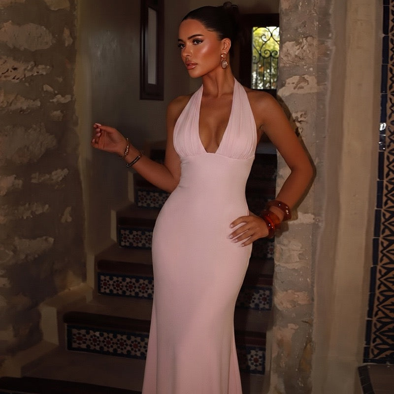 MARINA maxi dress with a ruched bust, neck closure, and open back