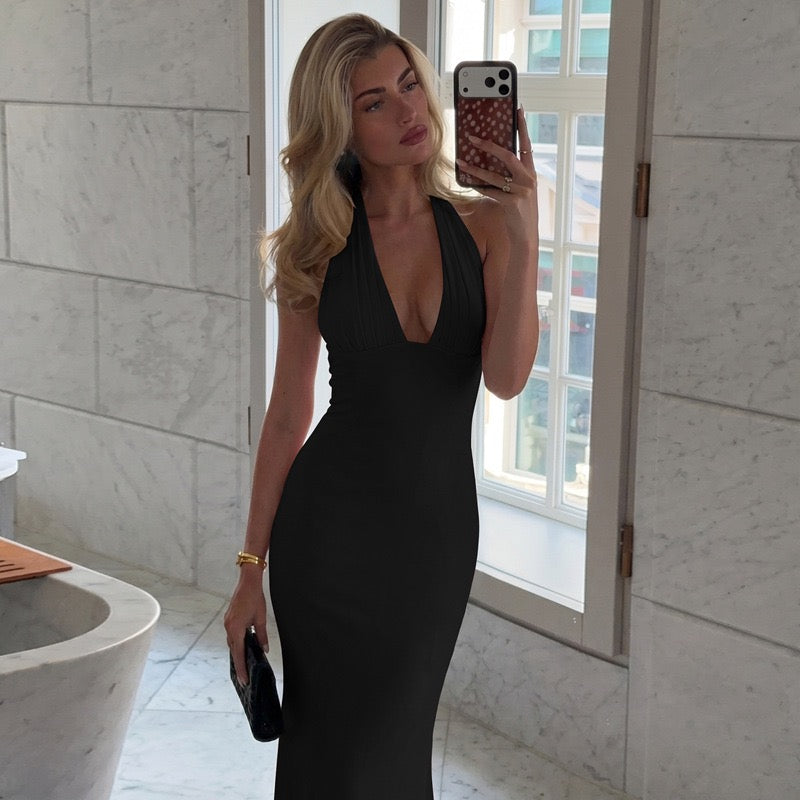 MARINA maxi dress with a ruched bust, neck closure, and open back