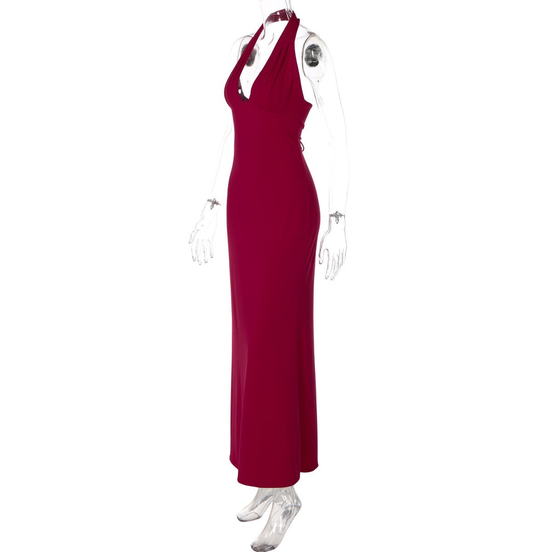 MARINA maxi dress with a ruched bust, neck closure, and open back