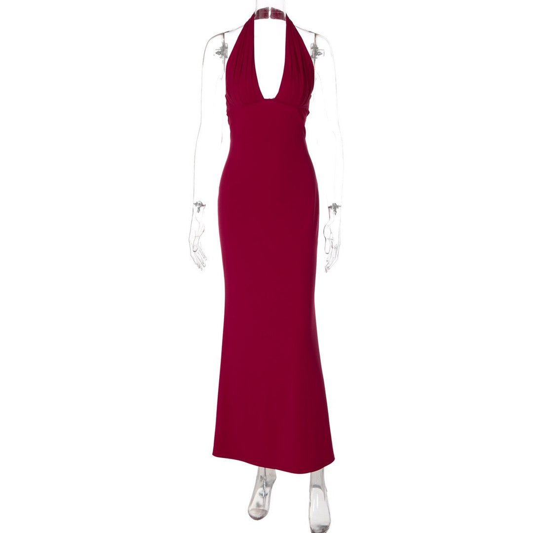 MARINA maxi dress with a ruched bust, neck closure, and open back