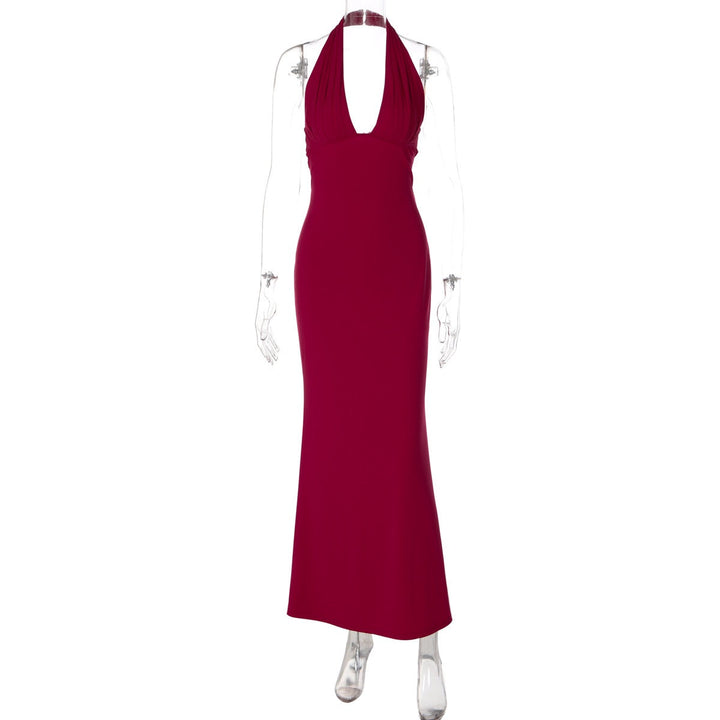 MARINA maxi dress with a ruched bust, neck closure, and open back