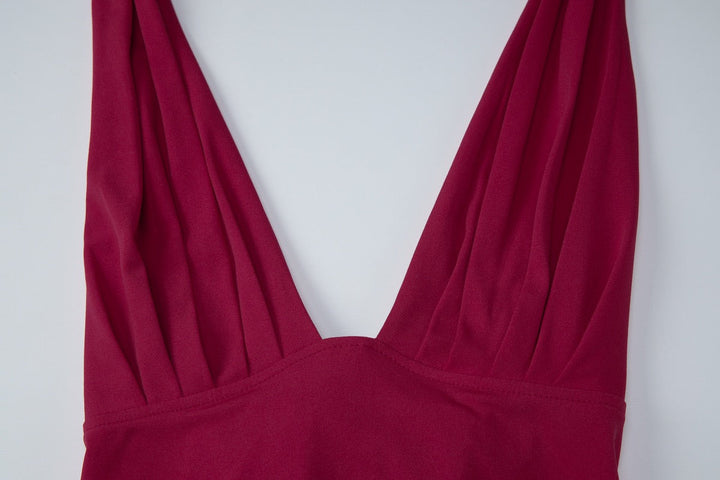 MARINA maxi dress with a ruched bust, neck closure, and open back