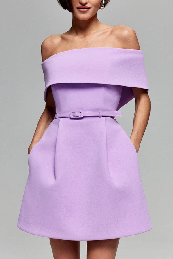 A-line mini dress with off-shoulder, belt, and pockets - Frances