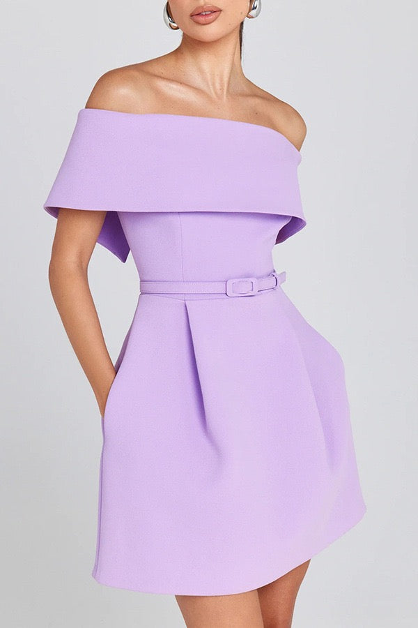 A-line mini dress with off-shoulder, belt, and pockets - Frances