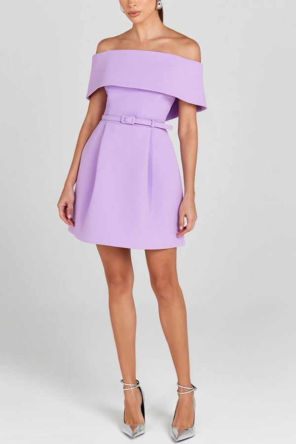 A-line mini dress with off-shoulder, belt, and pockets - Frances